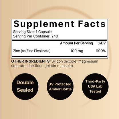 Hochdosiertes Zinkpicolinat 100 mg – 240 Kapseln, bioverfügbare Form für Immunsystem & Hautgesundheit, Non-GMO & Glutenfrei
