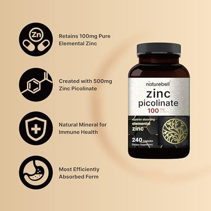 Hochdosiertes Zinkpicolinat 100 mg – 240 Kapseln, bioverfügbare Form für Immunsystem & Hautgesundheit, Non-GMO & Glutenfrei