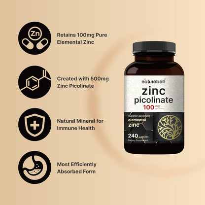 Hochdosiertes Zinkpicolinat 100 mg – 240 Kapseln, bioverfügbare Form für Immunsystem & Hautgesundheit, Non-GMO & Glutenfrei