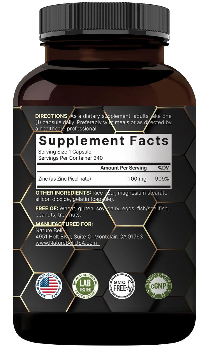 Hochdosiertes Zinkpicolinat 100 mg – 240 Kapseln, bioverfügbare Form für Immunsystem & Hautgesundheit, Non-GMO & Glutenfrei