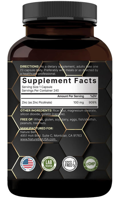 Hochdosiertes Zinkpicolinat 100 mg – 240 Kapseln, bioverfügbare Form für Immunsystem & Hautgesundheit, Non-GMO & Glutenfrei