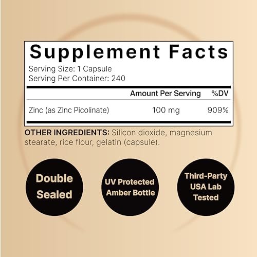 Hochdosiertes Zinkpicolinat 100 mg – 240 Kapseln, bioverfügbare Form für Immunsystem & Hautgesundheit, Non-GMO & Glutenfrei