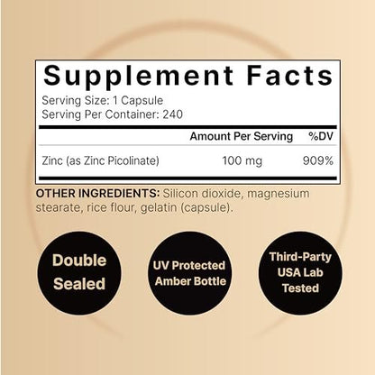 Hochdosiertes Zinkpicolinat 100 mg – 240 Kapseln, bioverfügbare Form für Immunsystem & Hautgesundheit, Non-GMO & Glutenfrei