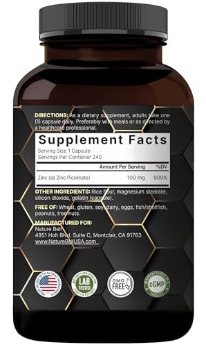 Hochdosiertes Zinkpicolinat 100 mg – 240 Kapseln, bioverfügbare Form für Immunsystem & Hautgesundheit, Non-GMO & Glutenfrei