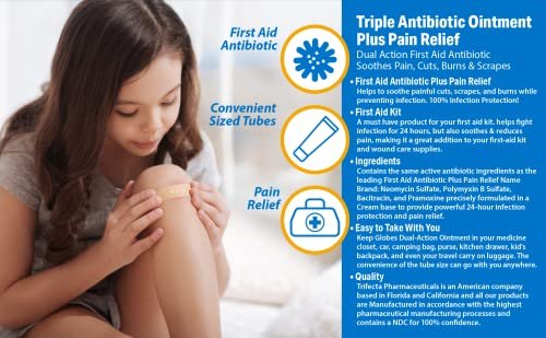 Globe (4er Pack) Triple Antibiotikum + Schmerzlindernde Salbe 1oz, Erste-Hilfe-Antibiotikum, Lindert Schmerzen, Schnitte, Verbrennungen und Schürfwunden, 24-Stunden-Infektionsschutz