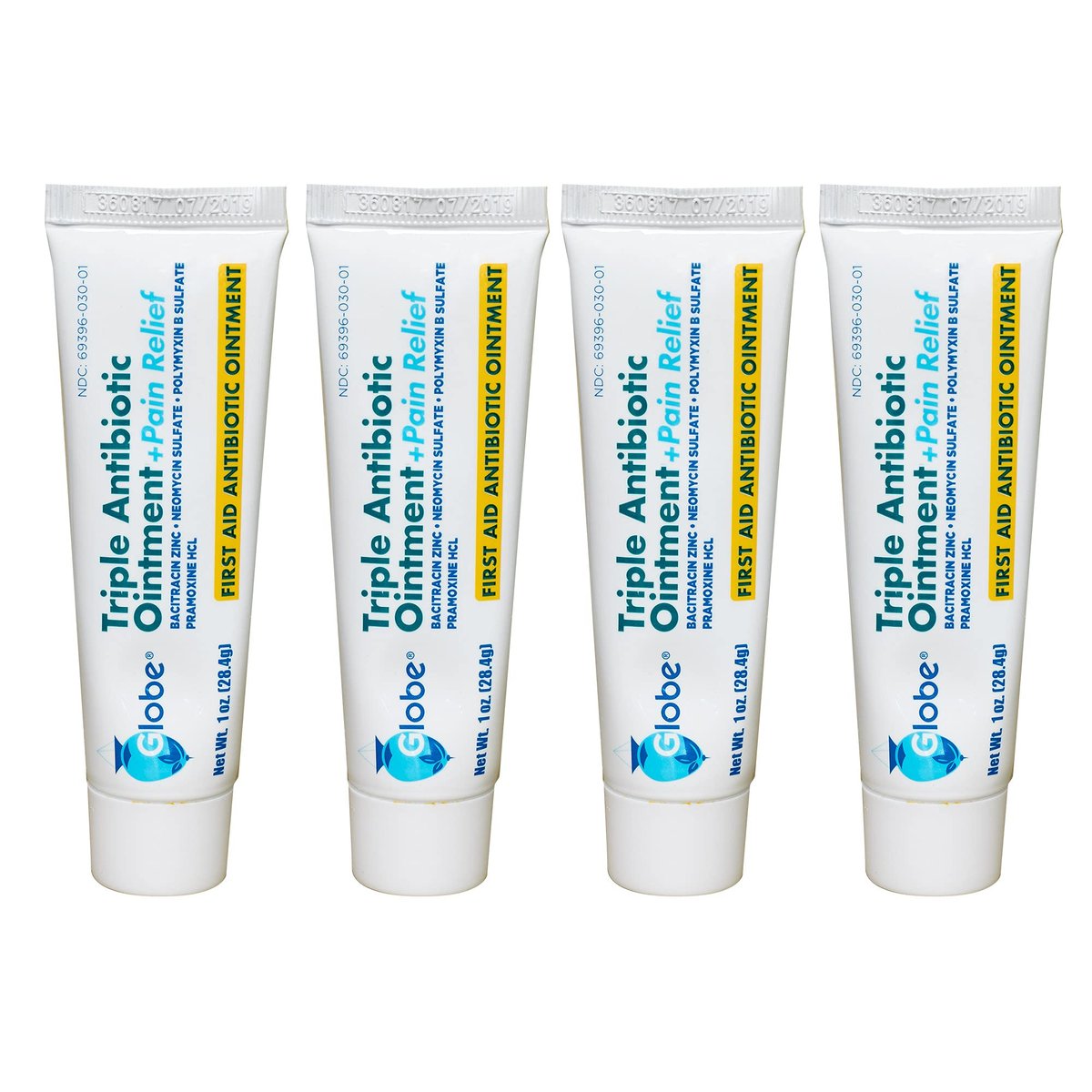 Globe (4er Pack) Triple Antibiotikum + Schmerzlindernde Salbe 1oz, Erste-Hilfe-Antibiotikum, Lindert Schmerzen, Schnitte, Verbrennungen und Schürfwunden, 24-Stunden-Infektionsschutz