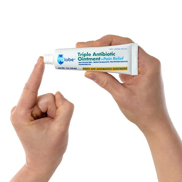 Globe (4er Pack) Triple Antibiotikum + Schmerzlindernde Salbe 1oz, Erste-Hilfe-Antibiotikum, Lindert Schmerzen, Schnitte, Verbrennungen und Schürfwunden, 24-Stunden-Infektionsschutz