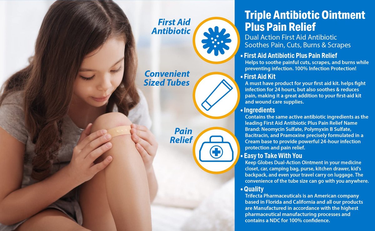 Globe (4er Pack) Triple Antibiotikum + Schmerzlindernde Salbe 1oz, Erste-Hilfe-Antibiotikum, Lindert Schmerzen, Schnitte, Verbrennungen und Schürfwunden, 24-Stunden-Infektionsschutz