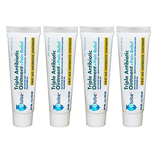 Globe (4er Pack) Triple Antibiotikum + Schmerzlindernde Salbe 1oz, Erste-Hilfe-Antibiotikum, Lindert Schmerzen, Schnitte, Verbrennungen und Schürfwunden, 24-Stunden-Infektionsschutz
