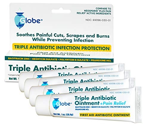 Globe (4er Pack) Triple Antibiotikum + Schmerzlindernde Salbe 1oz, Erste-Hilfe-Antibiotikum, Lindert Schmerzen, Schnitte, Verbrennungen und Schürfwunden, 24-Stunden-Infektionsschutz