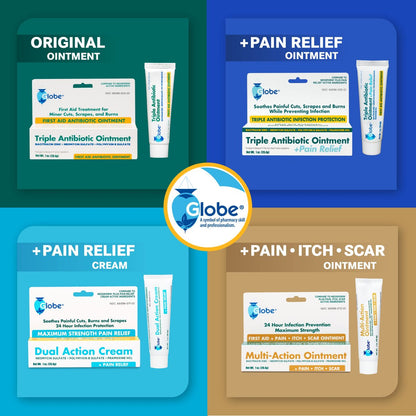 Globe (4er Pack) Triple Antibiotikum + Schmerzlindernde Salbe 1oz, Erste-Hilfe-Antibiotikum, Lindert Schmerzen, Schnitte, Verbrennungen und Schürfwunden, 24-Stunden-Infektionsschutz