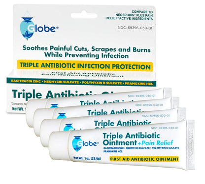 Globe (4er Pack) Triple Antibiotikum + Schmerzlindernde Salbe 1oz, Erste-Hilfe-Antibiotikum, Lindert Schmerzen, Schnitte, Verbrennungen und Schürfwunden, 24-Stunden-Infektionsschutz
