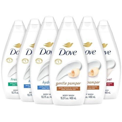 Dove Duschgel Sortiment 6er-Pack – Hydrate, Gentle Pamper, Fresh Care und Silky Velvet, 15,2 Oz (450 ml) pro Flasche