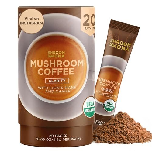 ShroomDNA Bio Pilz Kaffee Mix mit Chaga & Löwenmähne | Sofortiger Fokus + Klarheit für den ganzen Tag | Bio + Vegan + Glutenfrei | Ohne Zuckerzusatz | 20 Sticks