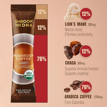 ShroomDNA Bio Pilz Kaffee Mix mit Chaga & Löwenmähne | Sofortiger Fokus + Klarheit für den ganzen Tag | Bio + Vegan + Glutenfrei | Ohne Zuckerzusatz | 20 Sticks