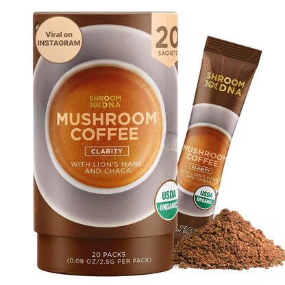 ShroomDNA Bio Pilz Kaffee Mix mit Chaga & Löwenmähne | Sofortiger Fokus + Klarheit für den ganzen Tag | Bio + Vegan + Glutenfrei | Ohne Zuckerzusatz | 20 Sticks