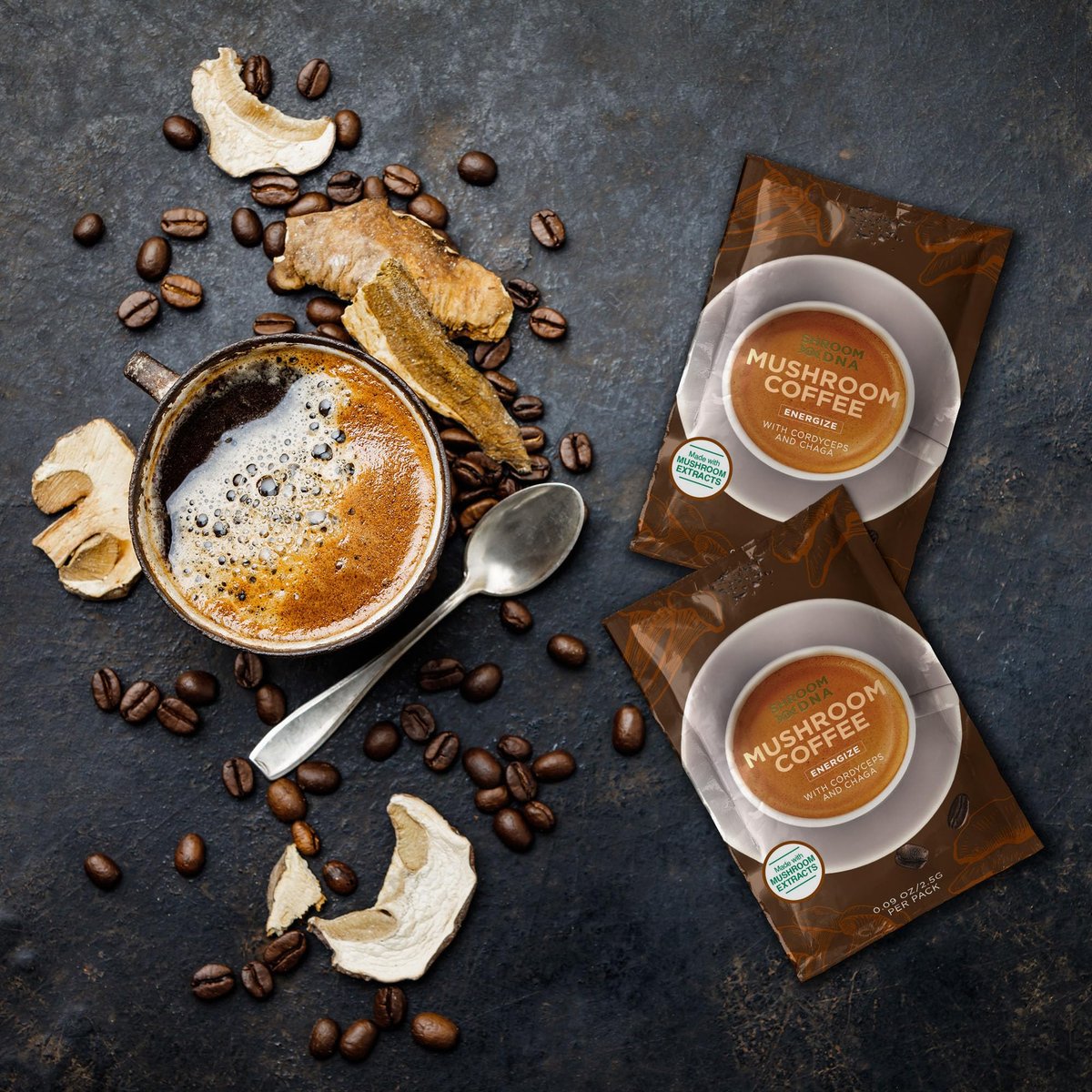 ShroomDNA Bio Pilz Kaffee Mix mit Chaga & Löwenmähne | Sofortiger Fokus + Klarheit für den ganzen Tag | Bio + Vegan + Glutenfrei | Ohne Zuckerzusatz | 20 Sticks