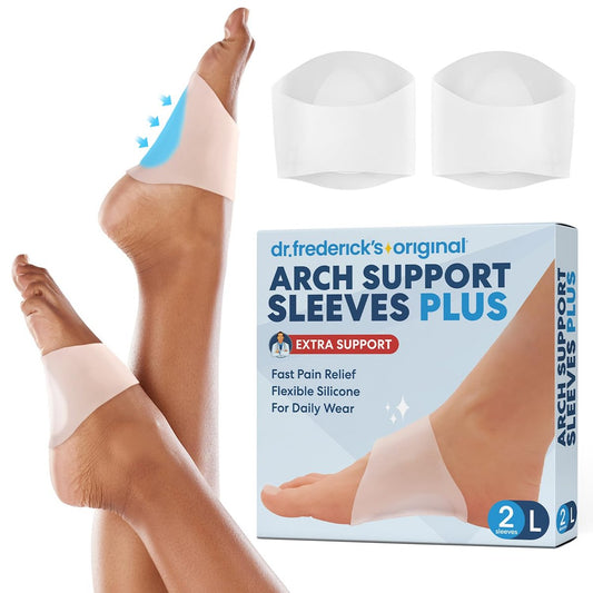 Dr. Frederick's Original Fußgewölbe-Stützsleeves Plus - 2 Stück - Ärztlich entwickelt bei Plantarfasziitis & Plattfüßen - Fußbandagen für Senkfuß, Fersenschmerz & müde Füße - Weiches Gel-Polster - L/XL