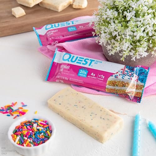 Quest Nutrition Geburtstagskuchen Proteinriegel – 20 g Protein, 4 g Netto-Kohlenhydrate, 1 g Zucker, glutenfrei, keto-freundlich, 4er-Pack