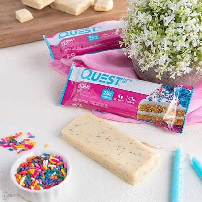 Quest Nutrition Geburtstagskuchen Proteinriegel – 20 g Protein, 4 g Netto-Kohlenhydrate, 1 g Zucker, glutenfrei, keto-freundlich, 4er-Pack