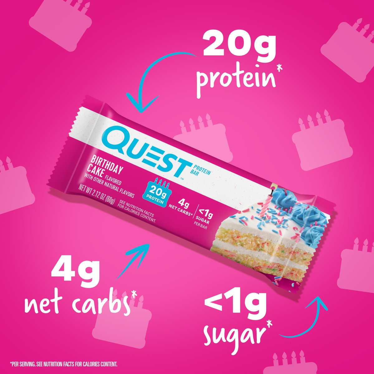 Quest Nutrition Geburtstagskuchen Proteinriegel – 20 g Protein, 4 g Netto-Kohlenhydrate, 1 g Zucker, glutenfrei, keto-freundlich, 4er-Pack