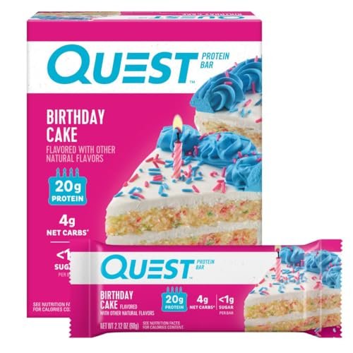 Quest Nutrition Geburtstagskuchen Proteinriegel – 20 g Protein, 4 g Netto-Kohlenhydrate, 1 g Zucker, glutenfrei, keto-freundlich, 4er-Pack