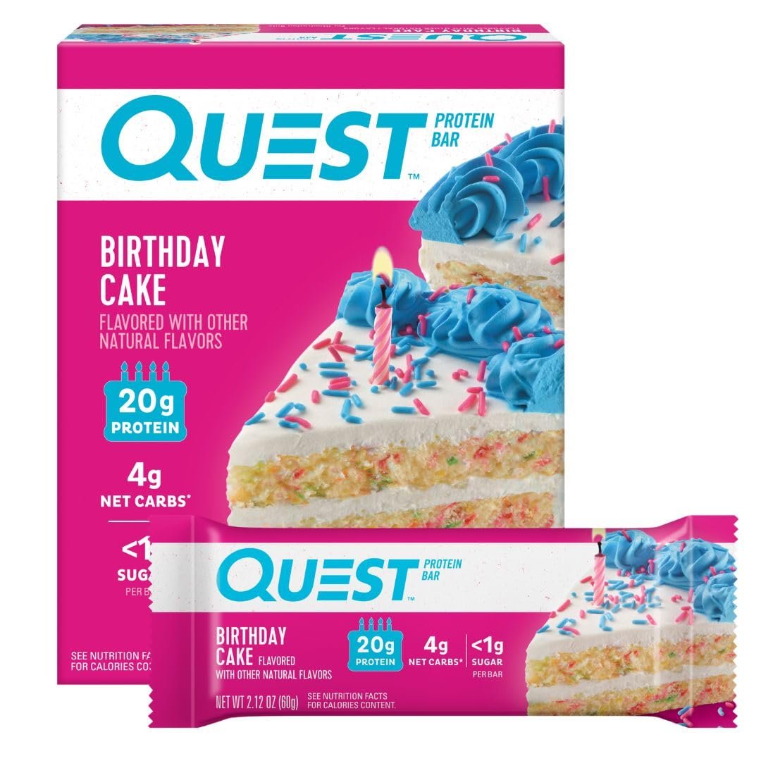 Quest Nutrition Geburtstagskuchen Proteinriegel – 20 g Protein, 4 g Netto-Kohlenhydrate, 1 g Zucker, glutenfrei, keto-freundlich, 4er-Pack