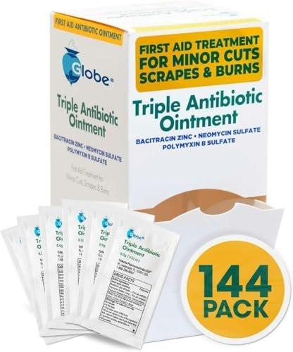 Globe 144 Pack Triple Antibiotika-Salbe 0,9g Einzelpackung, Erste-Hilfe-Set für kleine Kratzer, Wunden, Schnitte und Verbrennungen, beugt Infektionen vor, Wirkstoffe vergleichbar mit Markenführer, Reisegröße