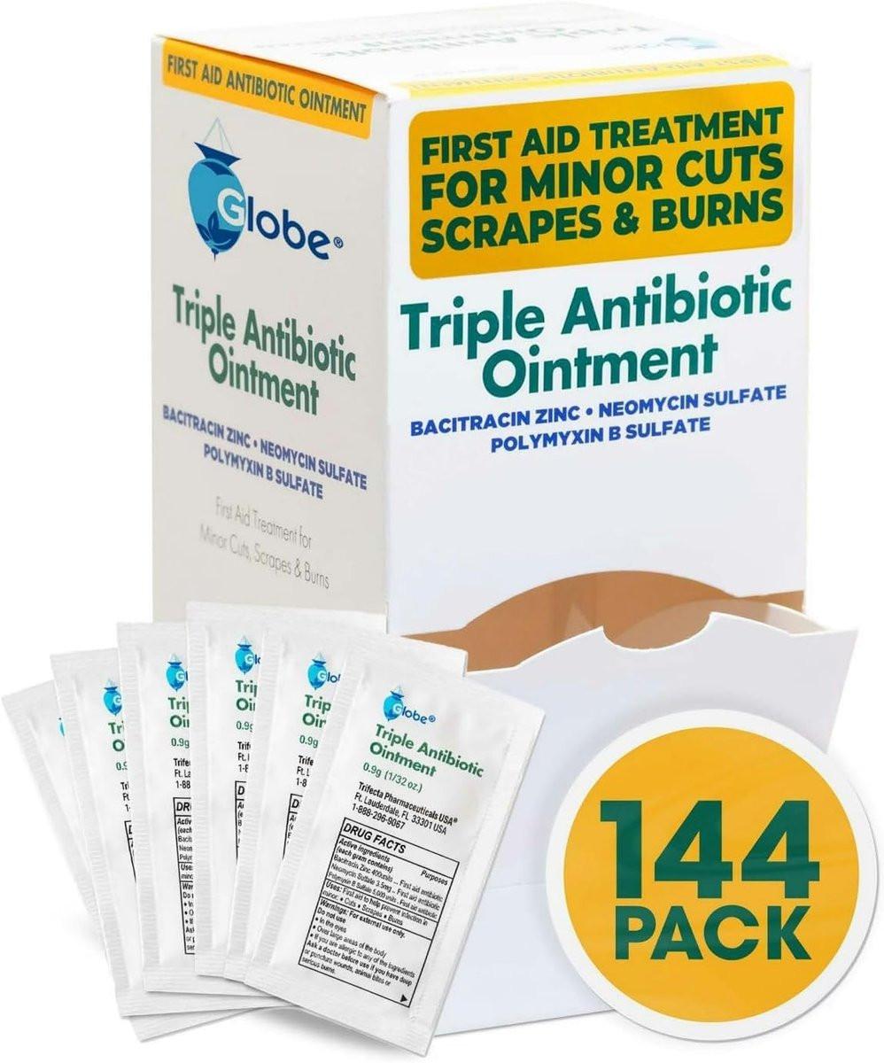 Globe 144 Pack Triple Antibiotika-Salbe 0,9g Einzelpackung, Erste-Hilfe-Set für kleine Kratzer, Wunden, Schnitte und Verbrennungen, beugt Infektionen vor, Wirkstoffe vergleichbar mit Markenführer, Reisegröße