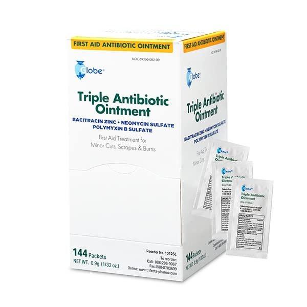 Globe 144 Pack Triple Antibiotika-Salbe 0,9g Einzelpackung, Erste-Hilfe-Set für kleine Kratzer, Wunden, Schnitte und Verbrennungen, beugt Infektionen vor, Wirkstoffe vergleichbar mit Markenführer, Reisegröße