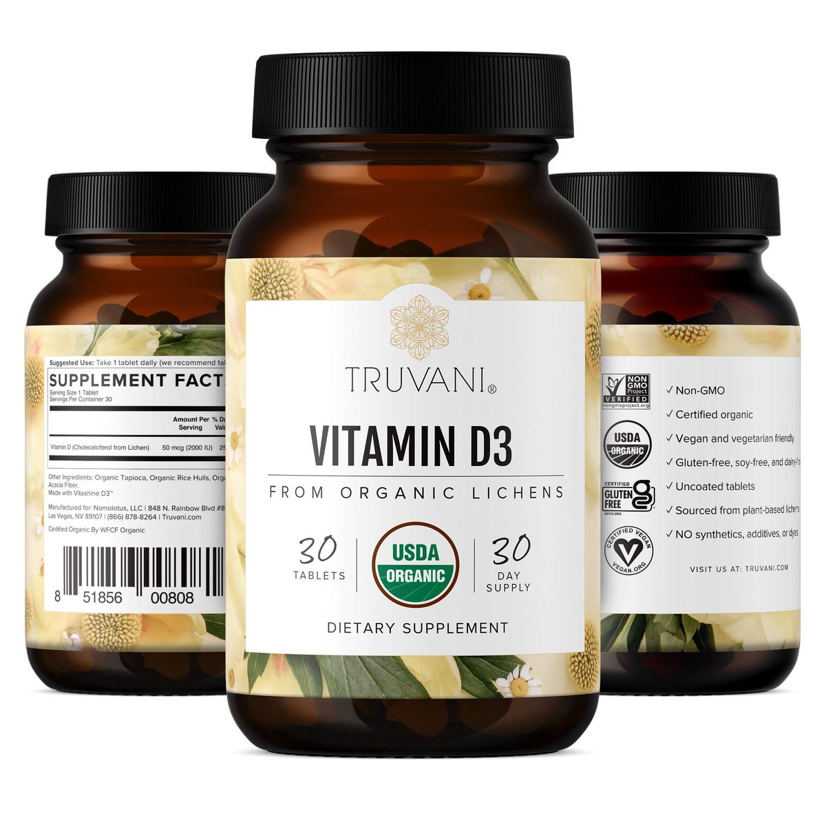 Truvani Bio Vitamin D3 – Pflanzlich, Bio, glutenfrei, vegan – 30 Tabletten für Knochen-, Immun- und Gehirngesundheit