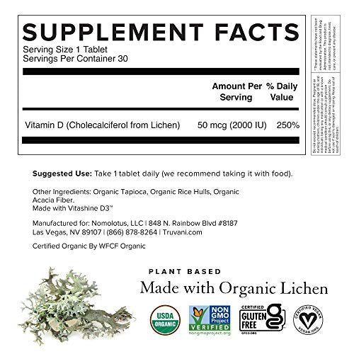 Truvani Bio Vitamin D3 – Pflanzlich, Bio, glutenfrei, vegan – 30 Tabletten für Knochen-, Immun- und Gehirngesundheit
