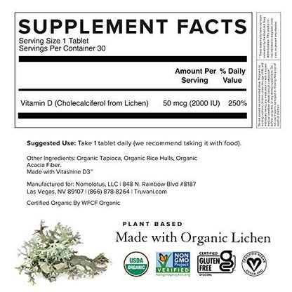Truvani Bio Vitamin D3 – Pflanzlich, Bio, glutenfrei, vegan – 30 Tabletten für Knochen-, Immun- und Gehirngesundheit