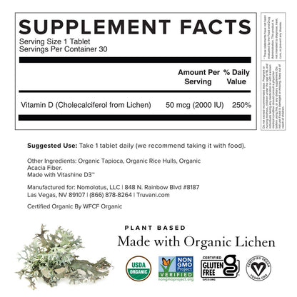 Truvani Bio Vitamin D3 – Pflanzlich, Bio, glutenfrei, vegan – 30 Tabletten für Knochen-, Immun- und Gehirngesundheit