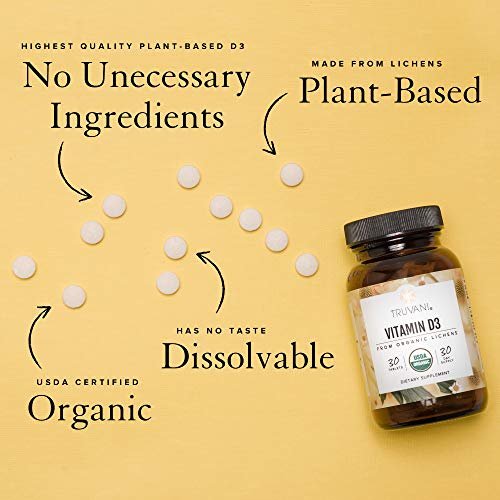 Truvani Bio Vitamin D3 – Pflanzlich, Bio, glutenfrei, vegan – 30 Tabletten für Knochen-, Immun- und Gehirngesundheit