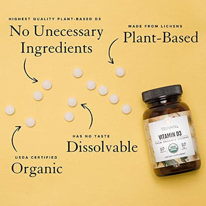 Truvani Bio Vitamin D3 – Pflanzlich, Bio, glutenfrei, vegan – 30 Tabletten für Knochen-, Immun- und Gehirngesundheit