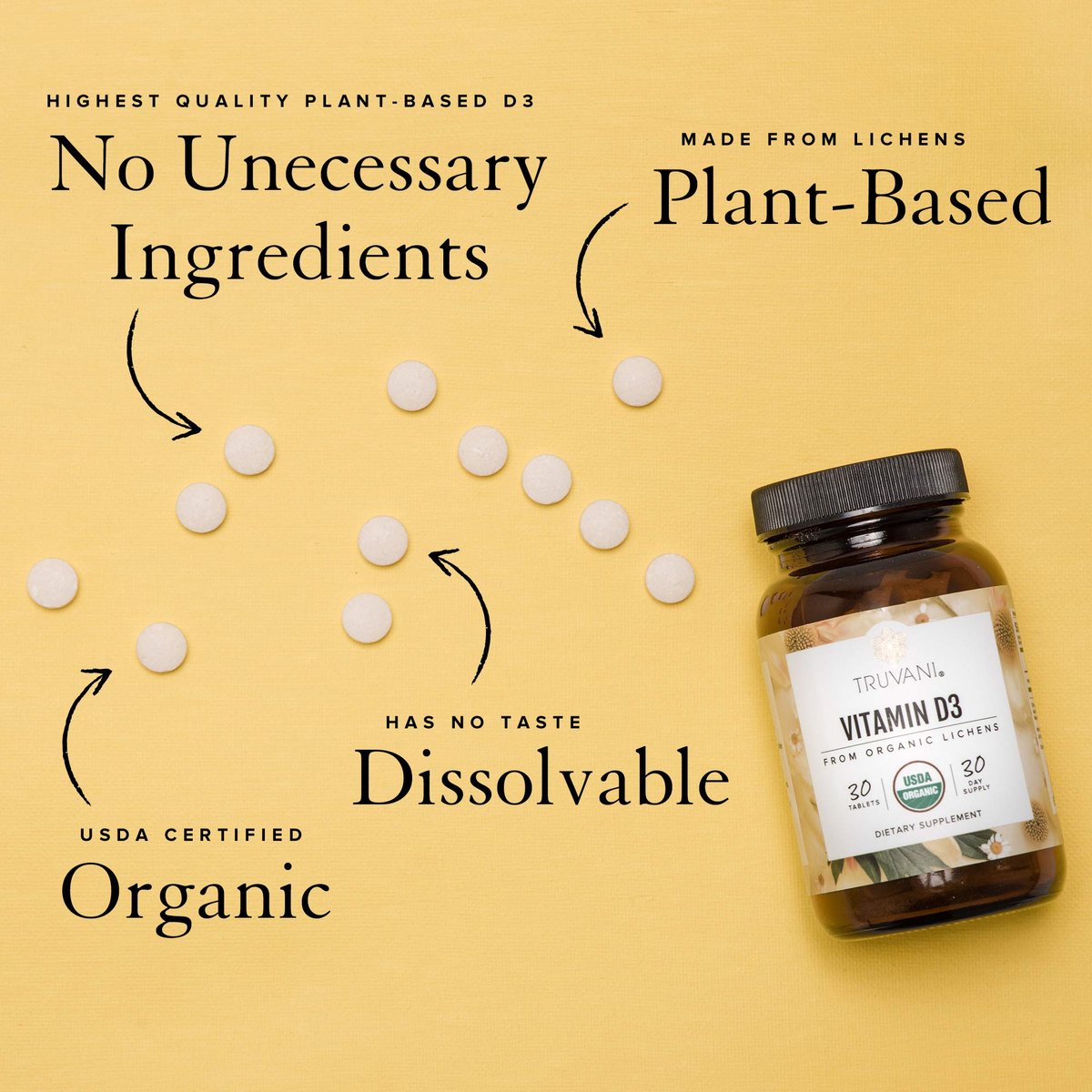 Truvani Bio Vitamin D3 – Pflanzlich, Bio, glutenfrei, vegan – 30 Tabletten für Knochen-, Immun- und Gehirngesundheit