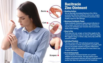 Globe Bacitracin Antibiotikum Zinksalbe 0,9g Beutel (144 Stück) – Erste Hilfe zur Vorbeugung und Heilung von Infektionen bei kleinen Schnitten, Schürfwunden und Verbrennungen