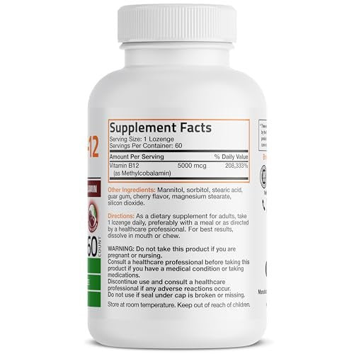 Bronson Methyl B12 5000 mcg – Vitamin B12 Methylcobalamin für Energie & Gehirnunterstützung, 60 Lutschtabletten