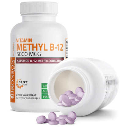 Bronson Methyl B12 5000 mcg – Vitamin B12 Methylcobalamin für Energie & Gehirnunterstützung, 60 Lutschtabletten