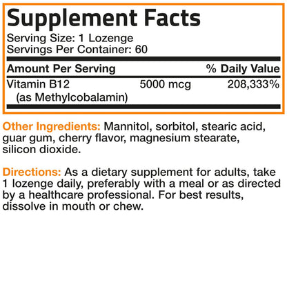 Bronson Methyl B12 5000 mcg – Vitamin B12 Methylcobalamin für Energie & Gehirnunterstützung, 60 Lutschtabletten