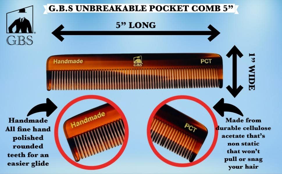 GENTS PCT 5-Zoll Feinzahn-Taschenhaarkamm 3er-Pack Schildpatt-Kämme für Männer & Frauen, handgefertigt aus Celluloseacetat, antistatisch, langlebig & reisefreundlich für Pflege & Styling