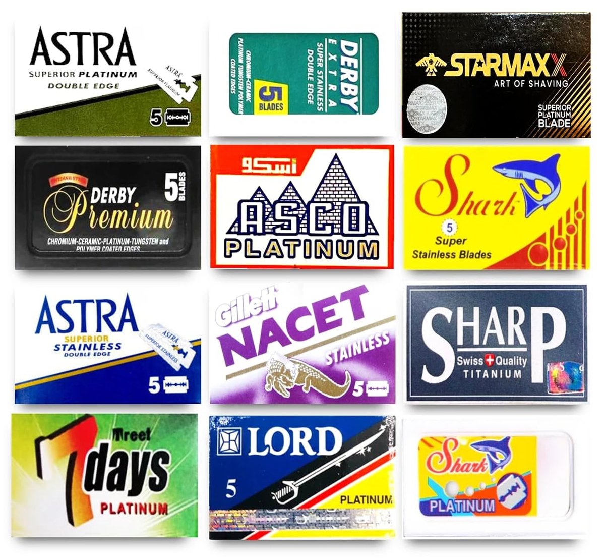 Razor Blades Club Astra-Derby-Shark-Starmaxx-Sharp-Lord 60 hochwertige Doppelklingen-Rasierklingen Probierpaket (12 verschiedene Marken)