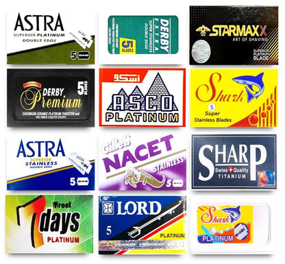 Razor Blades Club Astra-Derby-Shark-Starmaxx-Sharp-Lord 60 hochwertige Doppelklingen-Rasierklingen Probierpaket (12 verschiedene Marken)