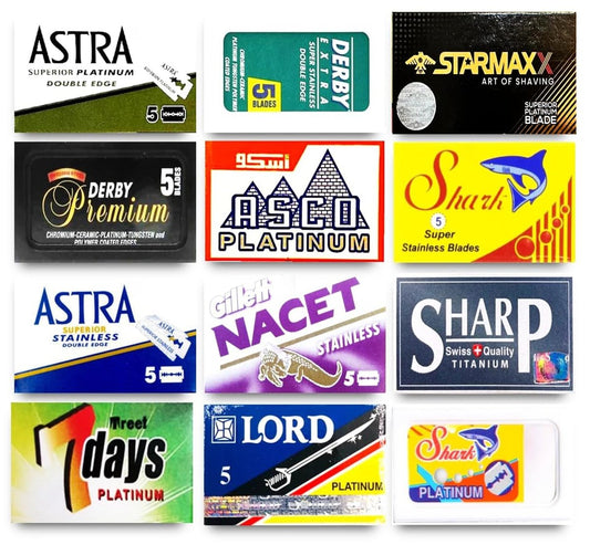 Razor Blades Club Astra-Derby-Shark-Starmaxx-Sharp-Lord 60 hochwertige Doppelklingen-Rasierklingen Probierpaket (12 verschiedene Marken)