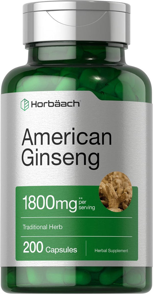 Horbäach Amerikanischer Ginseng Kapseln | 200 Kapseln | Panax Quinquefolius Wurzel | Nicht-GVO, Glutenfrei
