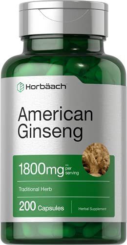 Horbäach Amerikanischer Ginseng Kapseln | 200 Kapseln | Panax Quinquefolius Wurzel | Nicht-GVO, Glutenfrei