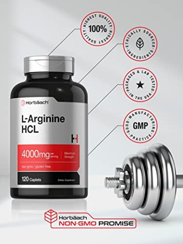 Horbäach L-Arginin HCL 4000 mg | 120 Kapseln | Aminosäure für Männer und Frauen | Stickstoffmonoxid-Supplement | Vegetarisch, Nicht-GVO, Glutenfrei