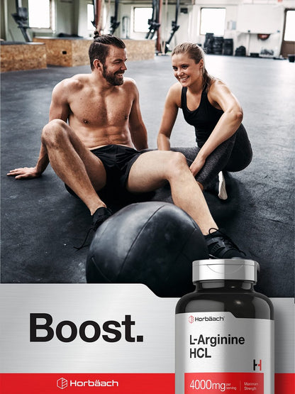 Horbäach L-Arginin HCL 4000 mg | 120 Kapseln | Aminosäure für Männer und Frauen | Stickstoffmonoxid-Supplement | Vegetarisch, Nicht-GVO, Glutenfrei