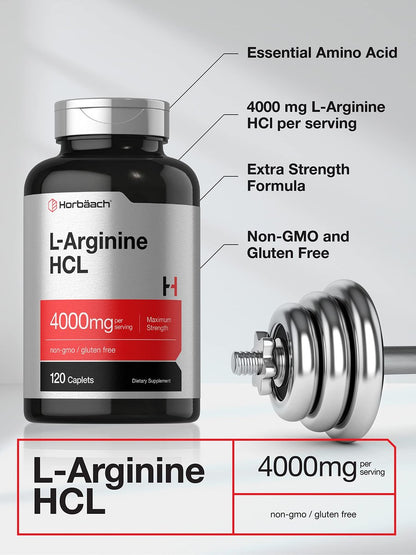 Horbäach L-Arginin HCL 4000 mg | 120 Kapseln | Aminosäure für Männer und Frauen | Stickstoffmonoxid-Supplement | Vegetarisch, Nicht-GVO, Glutenfrei